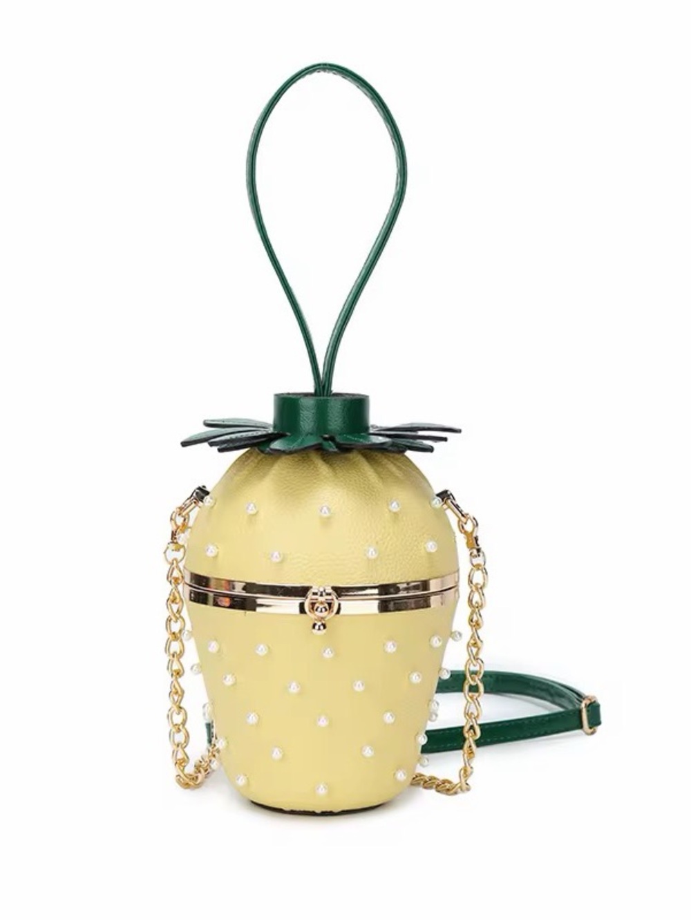 Yellow strawberry Crossbody Bag with Green Top Handle